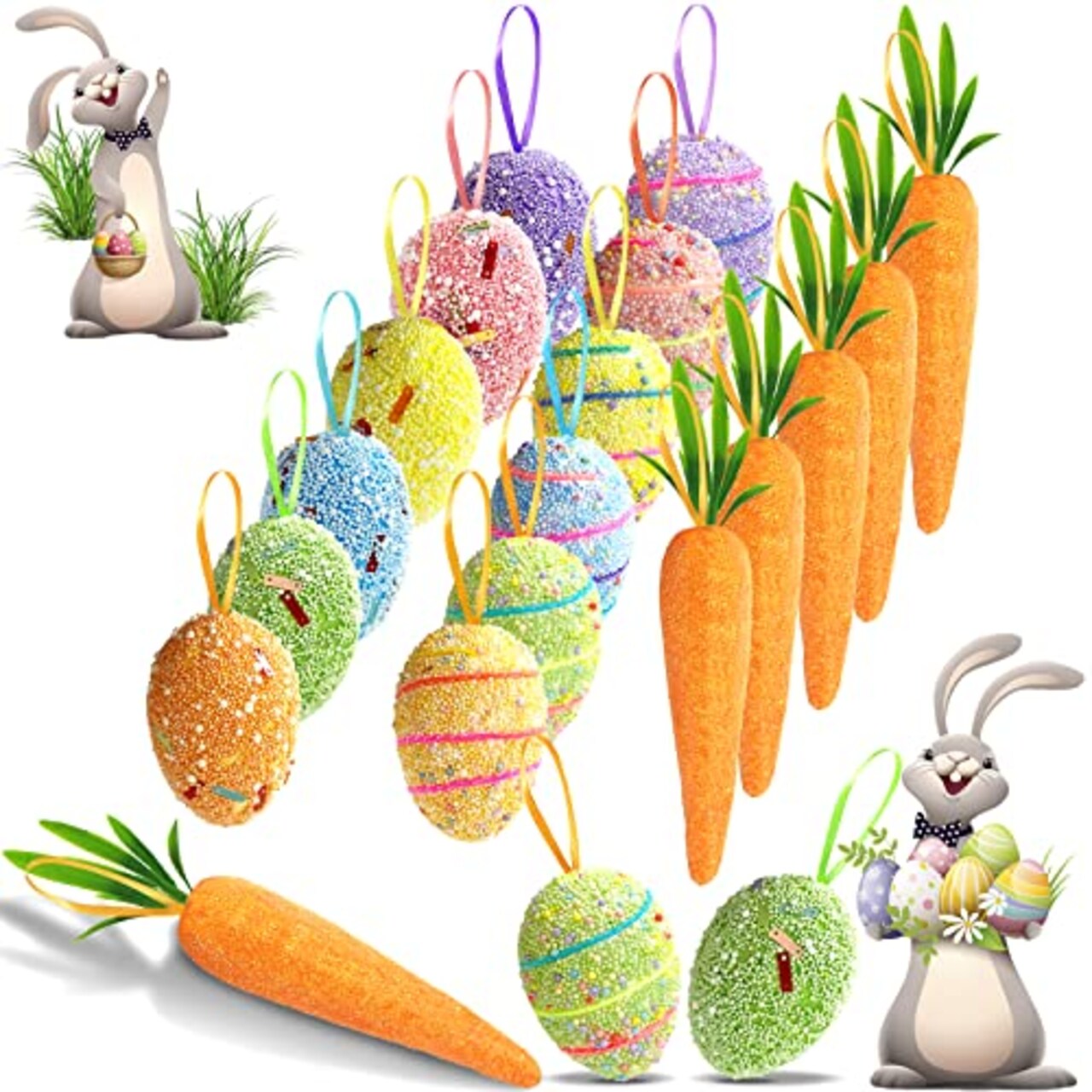 Easter Egg Ornaments and Carrot Hanging Ornaments 12 Pieces Colorful 6 Pieces Premium Foam Glitter Artificial Carrots Tree Decorations Home Party DIY Crafts